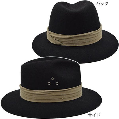 フジハット FujiHat ウール中折れハット 布巻 ハトメ ブラック 黒 メンズ 父の日ギフト 紳士 帽子 秋冬 NK-5